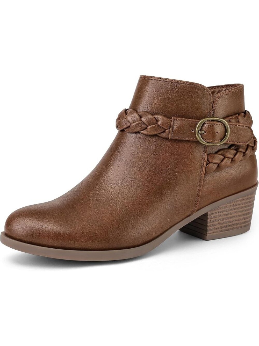 Women's Tan Low Chunky Heel Round Toe Wide Width Short Side Zipper Ankle Boot
